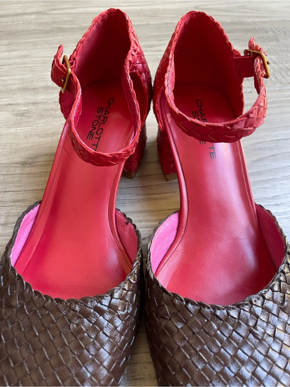 Charlotte Stone Mary Jane Chunky Heel Woven Leather Brown/Red Mod Chic SZ 7